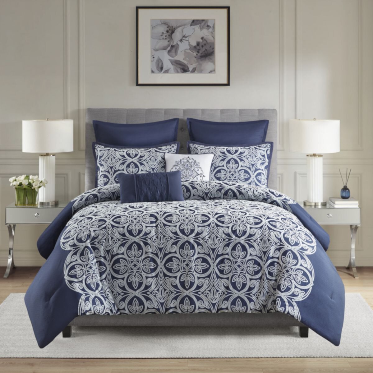 Madison Park Marlon 7-Piece Flocked Comforter Set with Euro Shams and Throw Pillows Madison Park