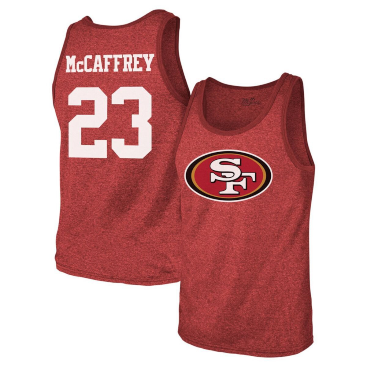 Men's Majestic Threads Christian McCaffrey Scarlet San Francisco 49ers Tri-Blend Player Name & Number Tank Top Majestic Threads