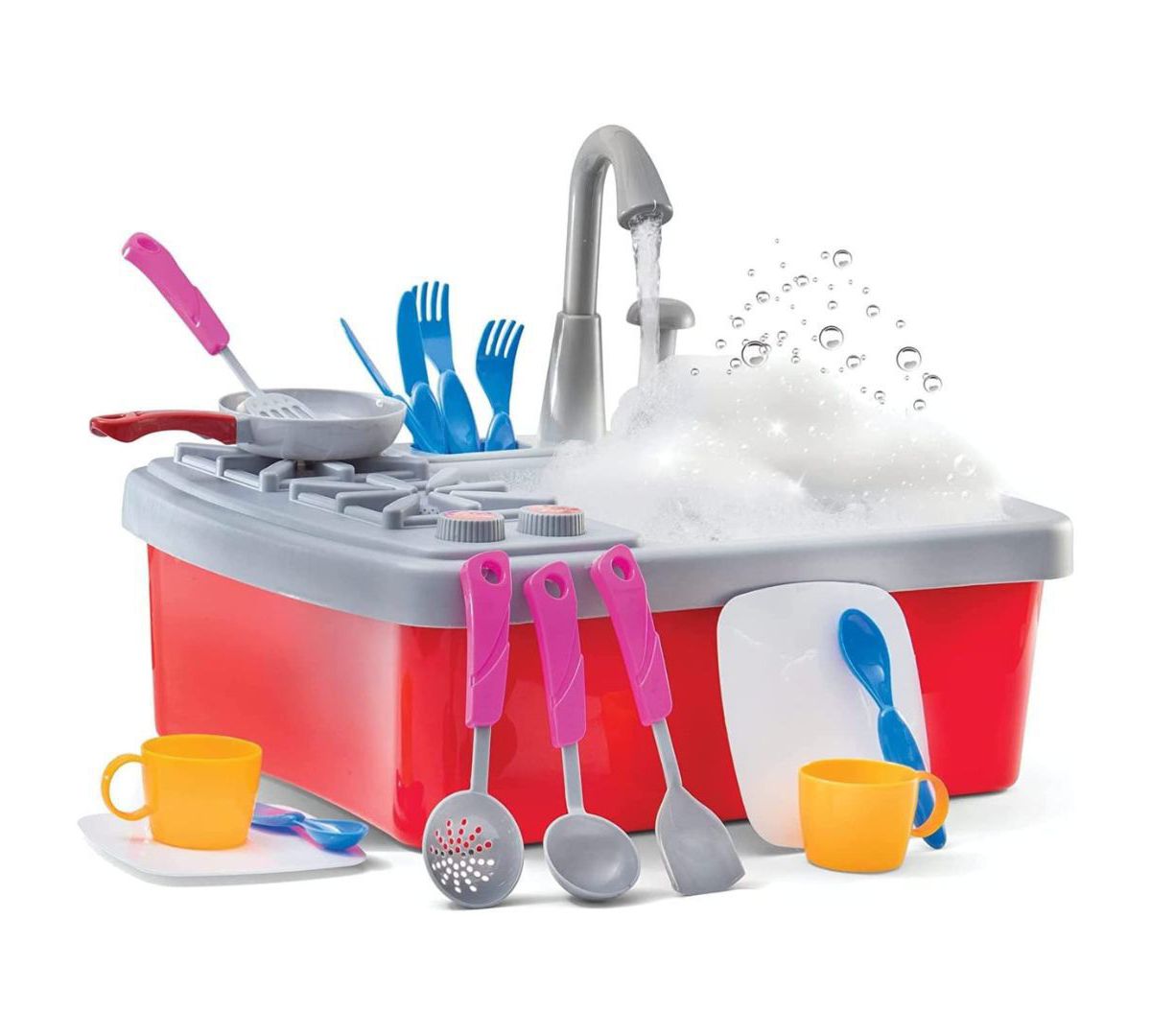 17 Pc Play Sink with Running Water - Kitchen Sink Toy with Real Faucet & Drain, Dishes, Utensils Play22