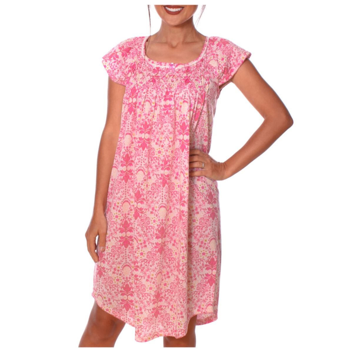 Women's Cap Sleeves Fancy Smocked Ribbon Floral Design Nightgown Yafemarte