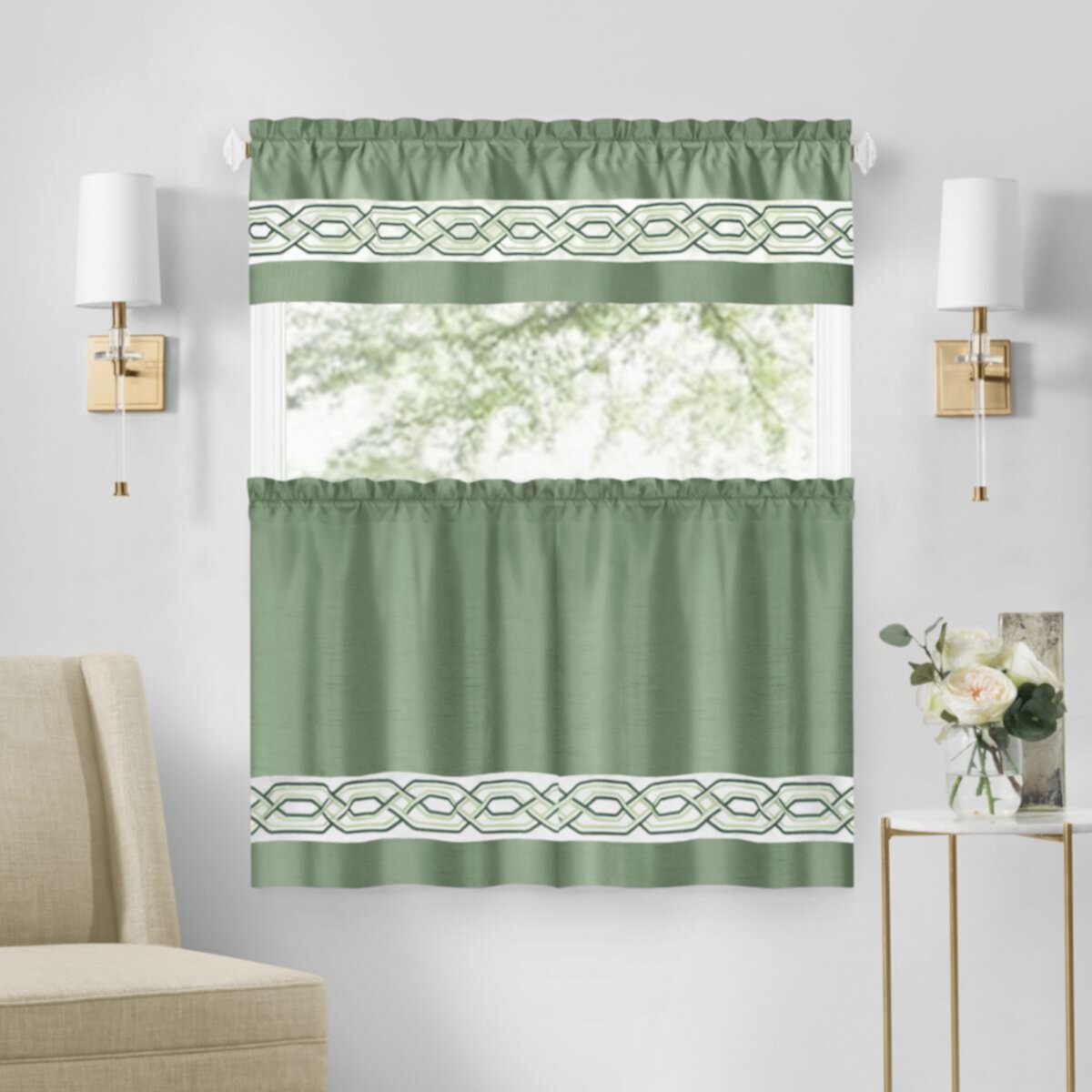 Kate Aurora Pacifico Complete 3 Piece Rod Pocket Embroidered Tier & Valance Kitchen Curtain Set Kate Aurora