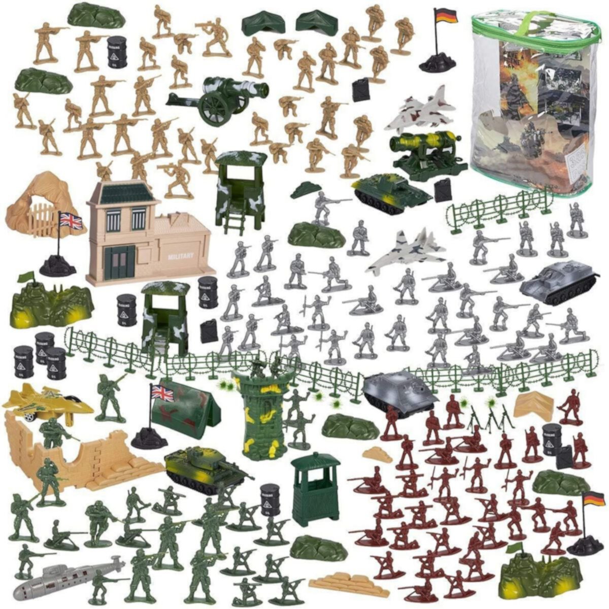 300 Piece Plastic Army Men Toy Soldiers for Boys with Military Figures, Tanks, Planes, Flags, Accessories Blue Panda