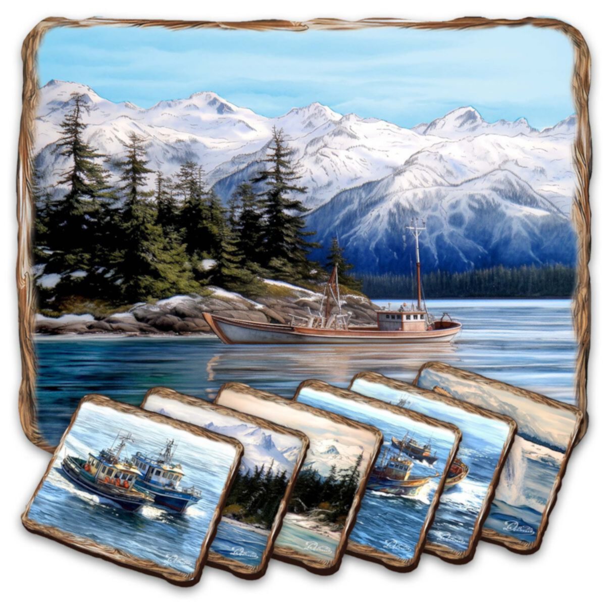 Fishing Boats Wooden Cork Placemat And Coasters Gift Set Of 7 Nature Wonders