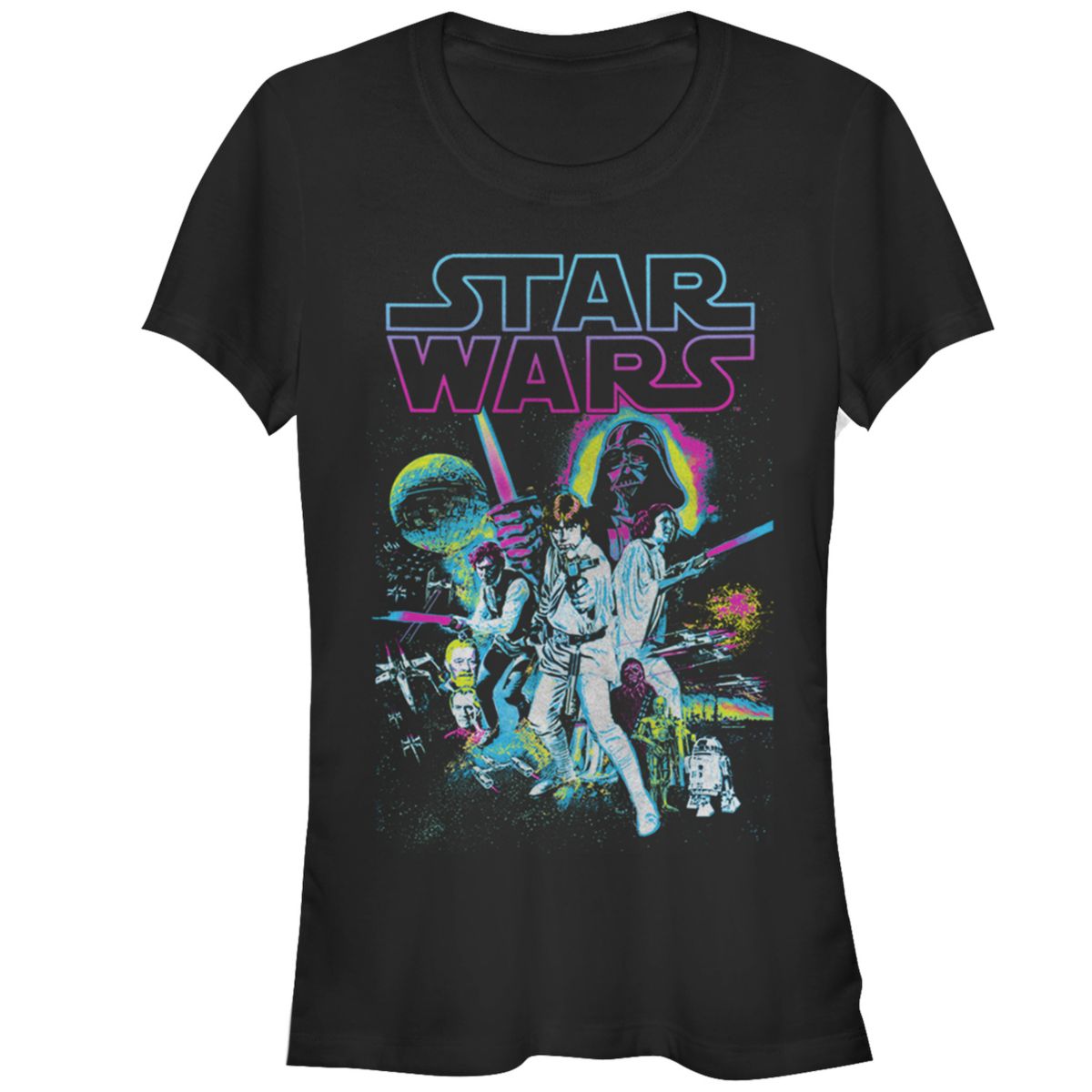 Juniors' Star Wars A New Hope Retro Neon Poster Fitted Graphic Tee Star Wars