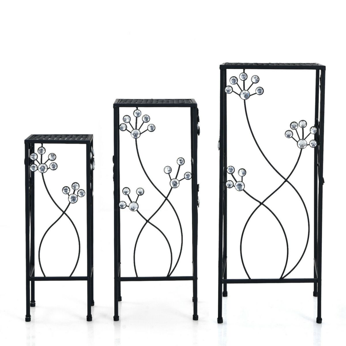 3 Pieces Flower Pots Display Rack with Vines and Crystal Floral Accents Square-Black Slickblue
