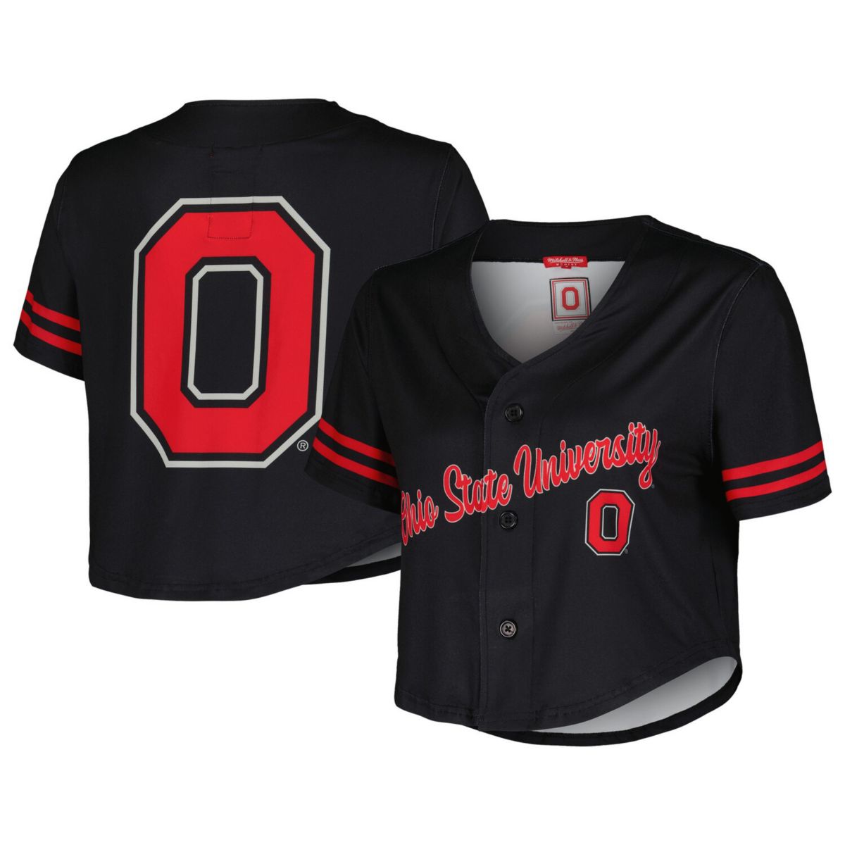 Women's Mitchell & Ness  Black Ohio State Buckeyes Vault Cropped V-Neck Button-Up Shirt Mitchell & Ness