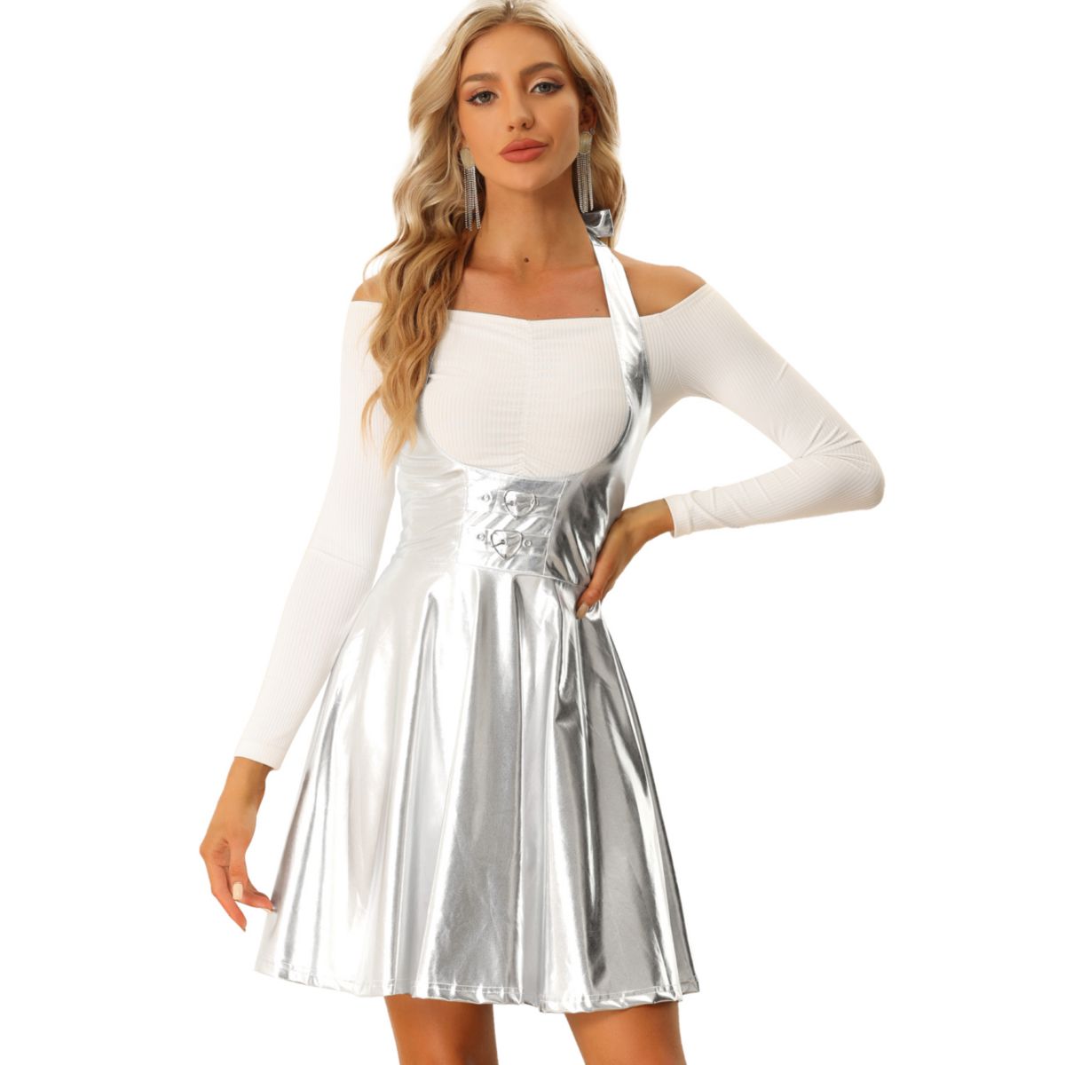 Metallic Overalls Skirts for Women's High Waist Party A-Line Suspender Skirt ALLEGRA K