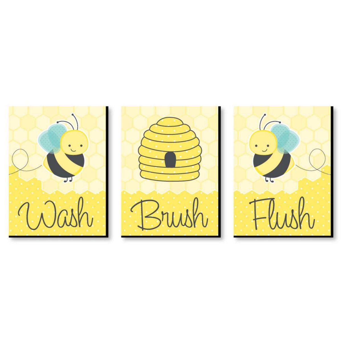 Big Dot of Happiness Honey Bee - Kids Bathroom Rules Wall Art - 7.5 x 10 inches - Set of 3 Signs - Wash, Brush, Flush Big Dot of Happiness