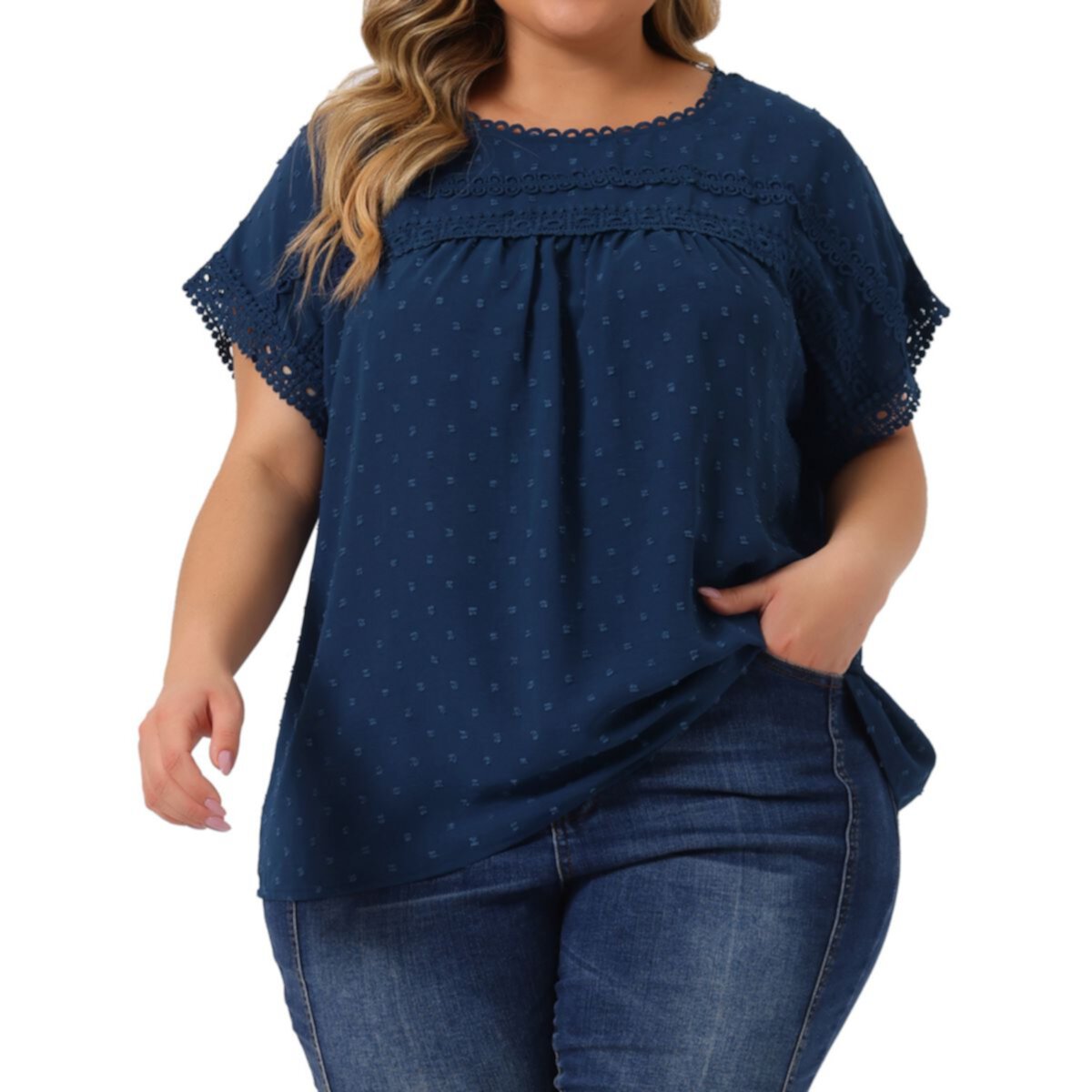 Plus Size Chiffon Blouse For Women Swiss Dots Short Sleeve Lace Crochet Pleated Casual Shirt Top Agnes Orinda