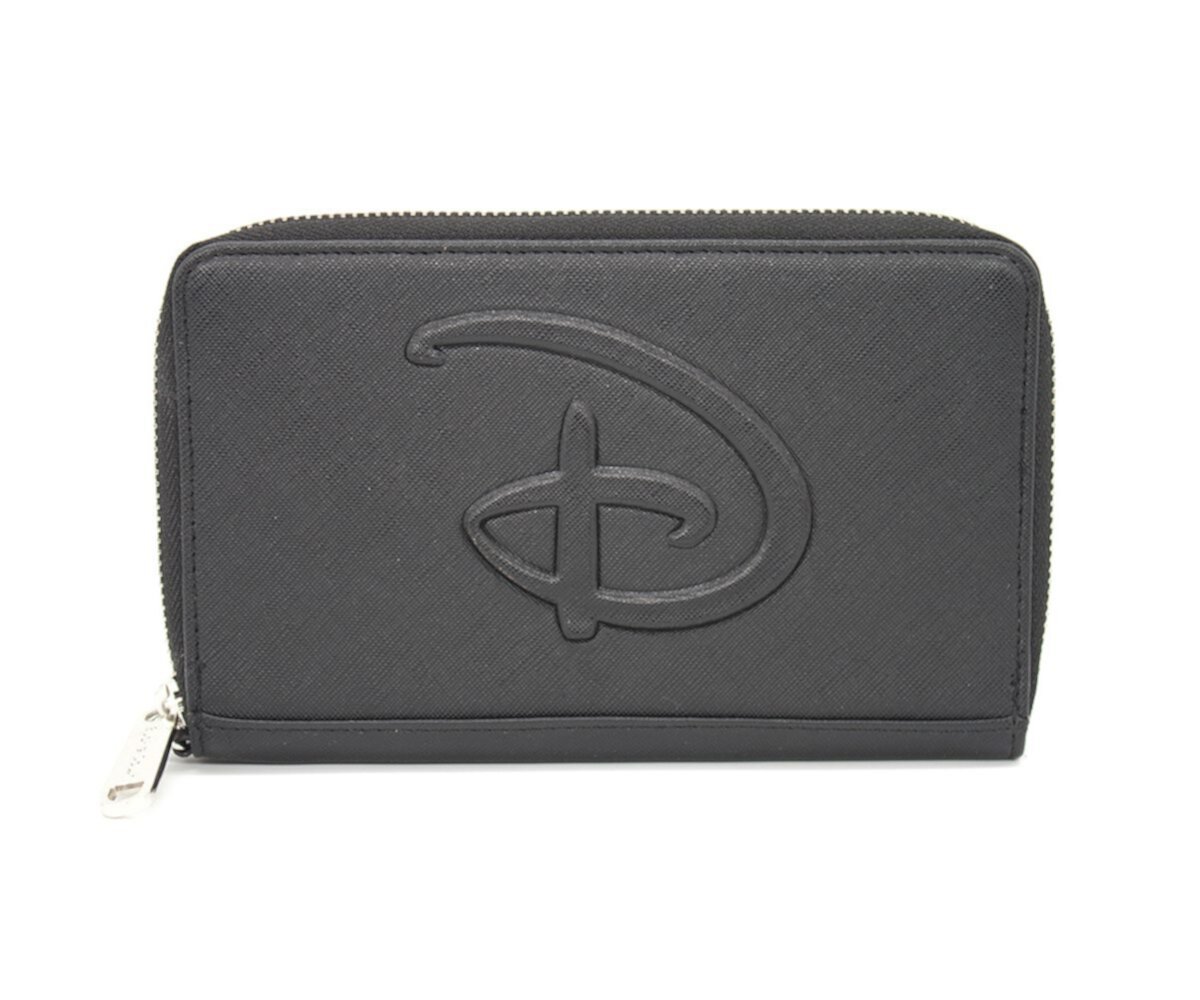 Disney Wallet, Rectangle Zip Around, Disney Signature D Logo Embossed, Black Vegan Leather Buckle-Down