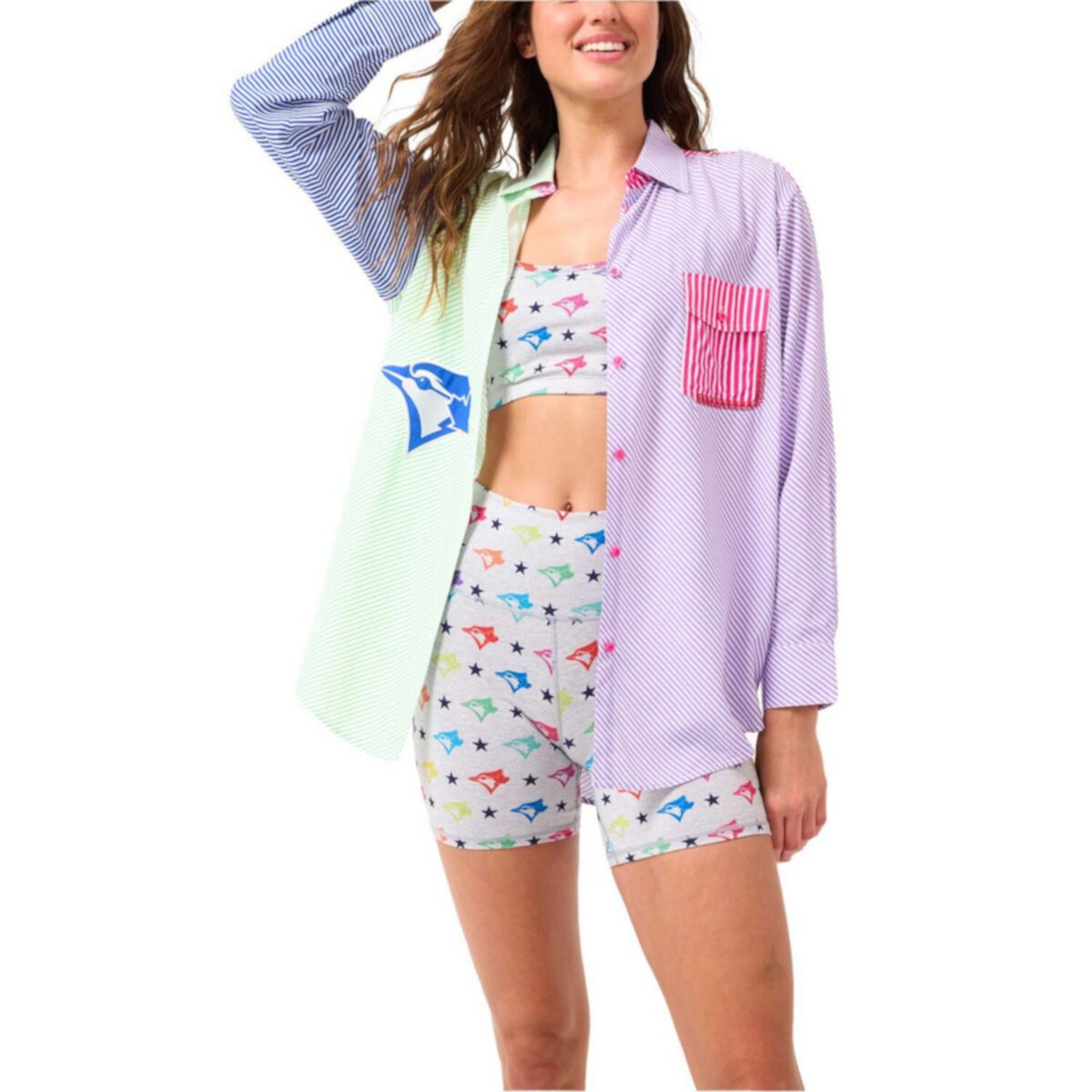 Women's Terez Pink/Blue Toronto Blue Jays Color Block Button-Up Long Sleeve Shirt TEREZ