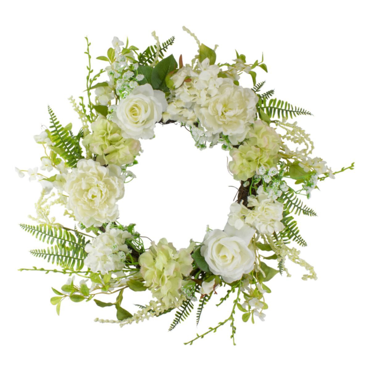 Peony and Rose Artificial Spring Wreath  White and Green - 24-Inch Christmas Central