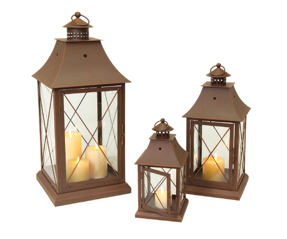 Classic Brown Metal Candle Lantern (Set of 3) Slickblue