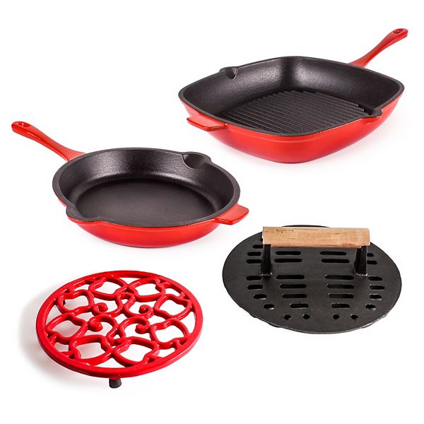 BergHOFF Neo Cast-Iron Frypan, Grill Pan, Steak Press & Trivet Set BergHOFF