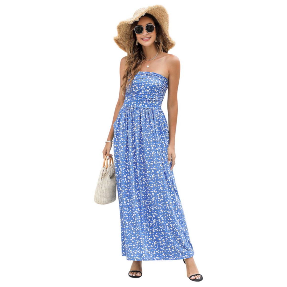 Women Slim Fit Pleated Tube Dresses Strapless Wrapped Waist Flower Maxi Dress Leadingstar