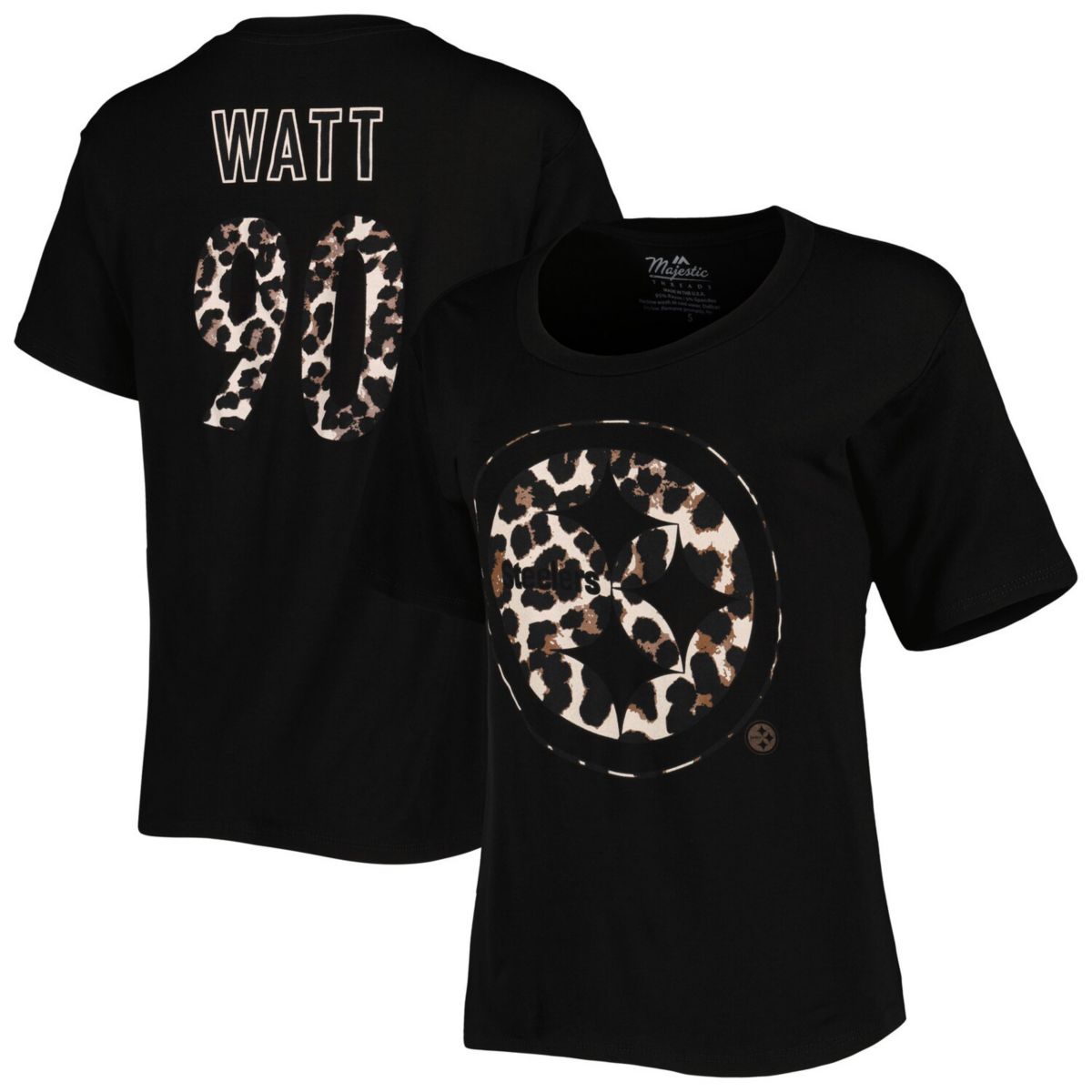 Women's Majestic Threads T.J. Watt Black Pittsburgh Steelers Leopard Player Name & Number T-Shirt Majestic Threads