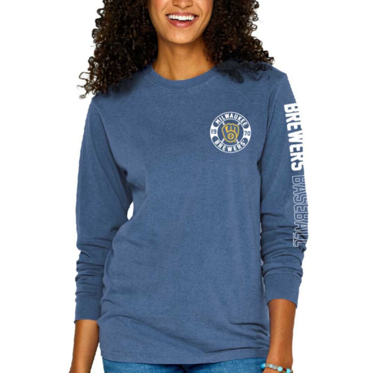 Women's Soft as a Grape Blue Milwaukee Brewers Pigment-Dyed Long Sleeve T-Shirt Soft As A Grape