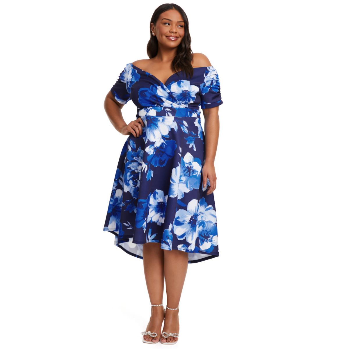 Quiz Women's Plus Size Floral Bardot Ruched Dip Hem Dress Quiz