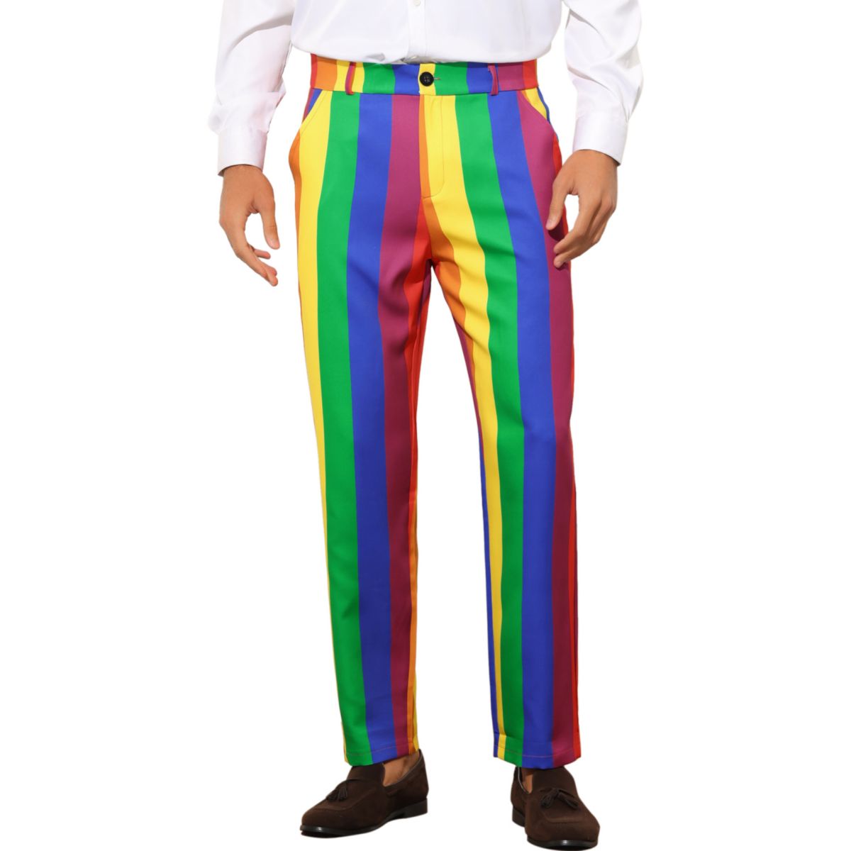Rainbow Pants For Men's Regular Fit Flat Front Color Block Stripe Dress Trousers Lars Amadeus