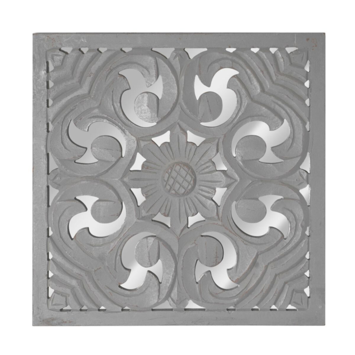 American Art Décor Distressed Reflective Grey Floral Wood Square Wall Medallion American Art Décor