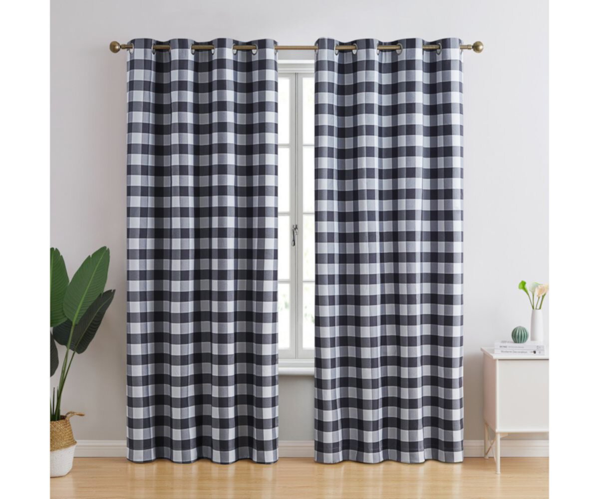 THD Meadow Buffalo 100% Complete Blackout Thermal Insulated Energy Savings Heat/Cold Blocking Short Grommet Curtain Drapery Panels for Bedroom & Living Room, Set of 2 THD