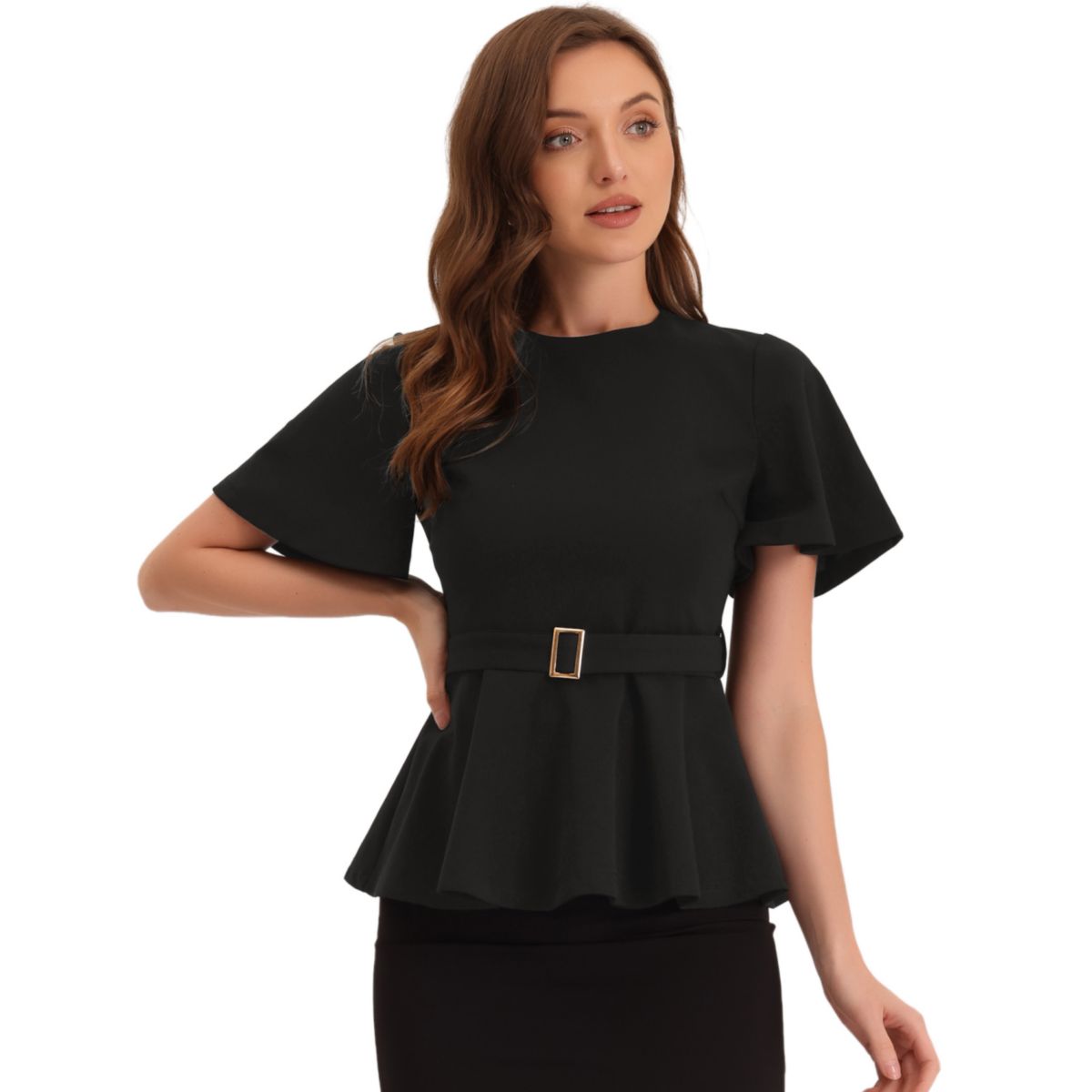 Peplum Blouse for Women's Round Neck Bell Sleeve Belted Waist Office Blouse ALLEGRA K