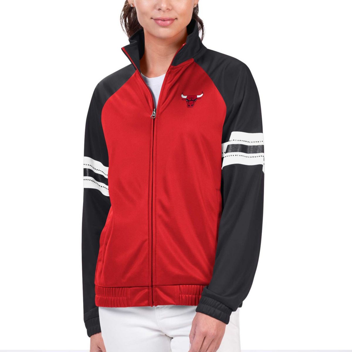 Women's G-III 4Her by Carl Banks Red Chicago Bulls Main Player Raglan Rhinestone Full-Zip Track Jacket In The Style