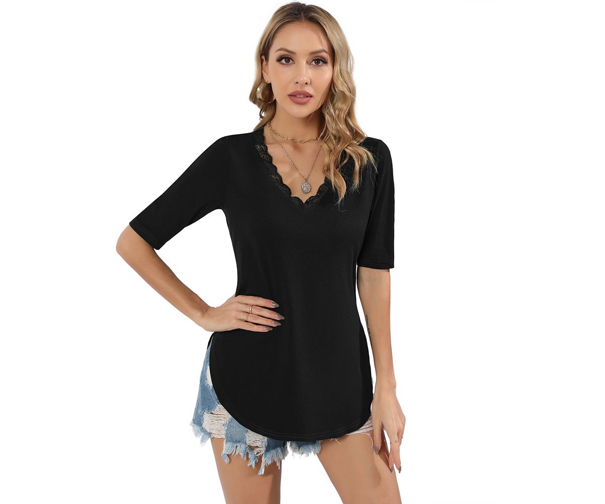 Women Lace Trim V Neck Tshirt Half Sleeve Blouse Basic Tees Summer Tunic Solid Casual Tops MISSKY