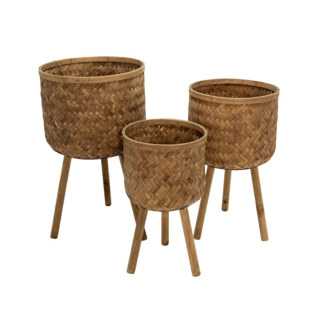 Set of 3 Brown Weave Outdoor Planters on Stand 29.5&#34; Kingston Living