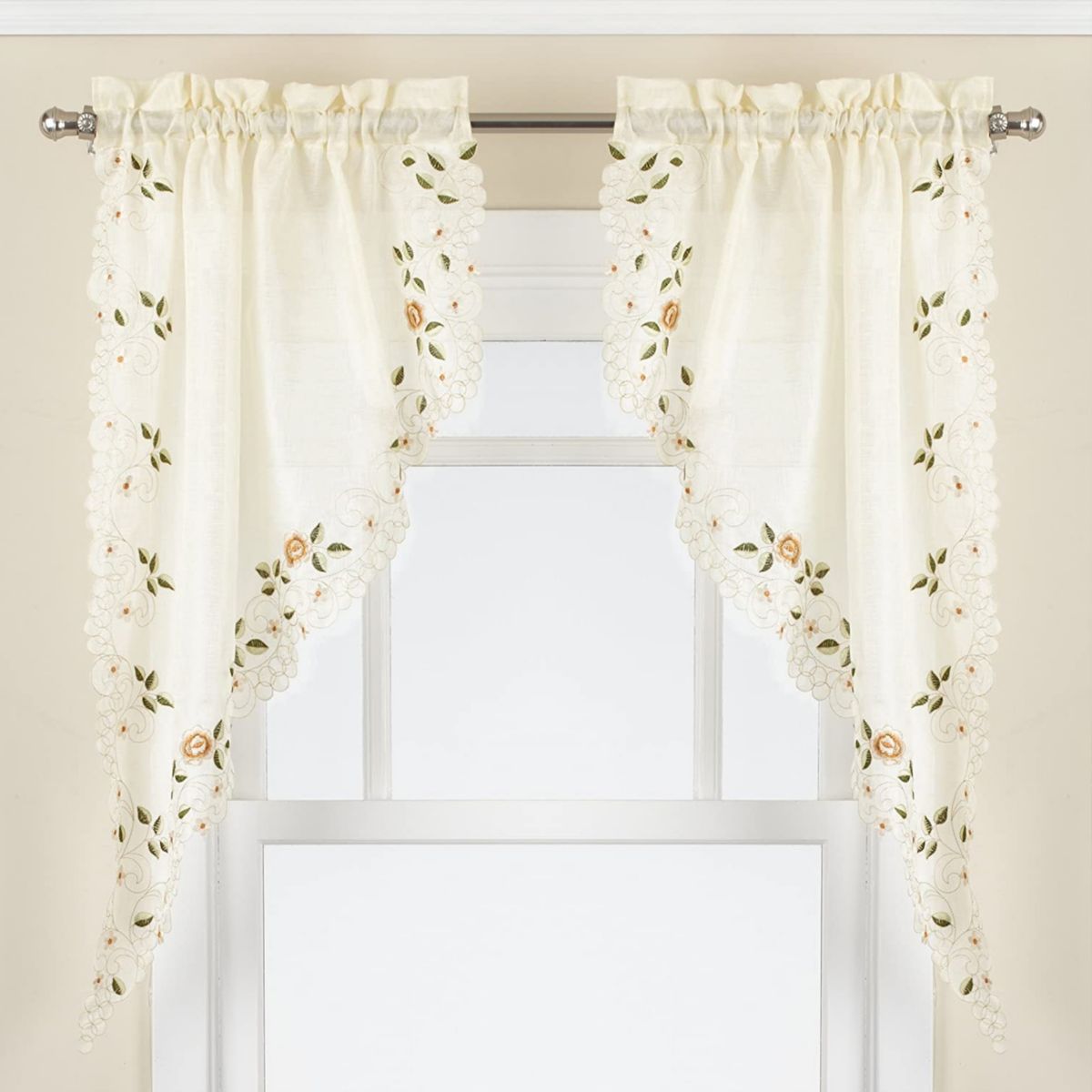 Sweet Home Rosemary Floral Embroidered Semi-Sheer Kitchen Curtain Swag Pair Sweet Home Collection