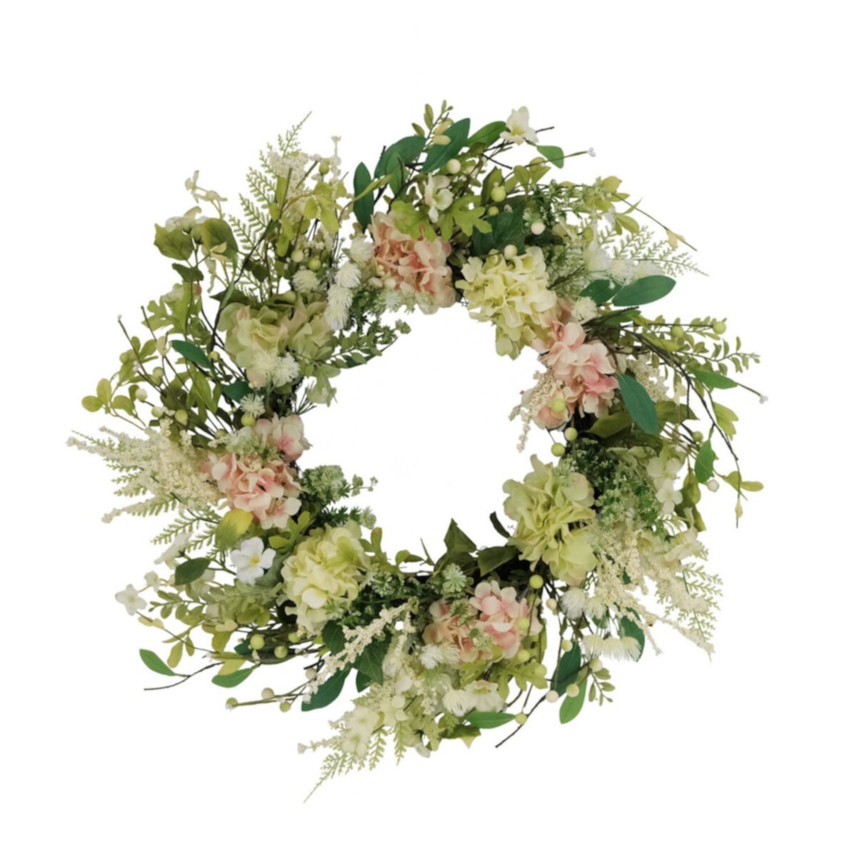 24&#34; Green and White Puleo International Artificial Hydrangea and Dogwood Floral Spring Wreath CC Christmas Decor