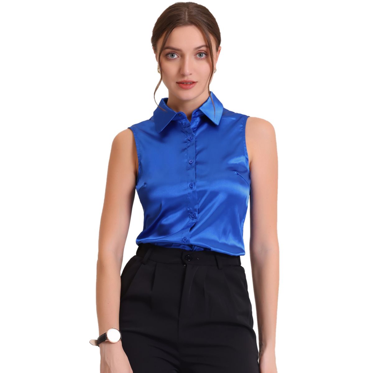 Satin Work Blouses for Women's Collar Sleeveless Button Down Shirts ALLEGRA K