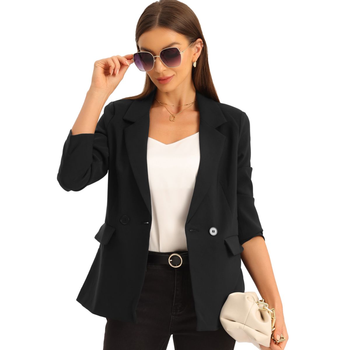 Double Breasted Work Office Blazer For Women Long Sleeve Blazers Suit Jacket With Pocket ALLEGRA K