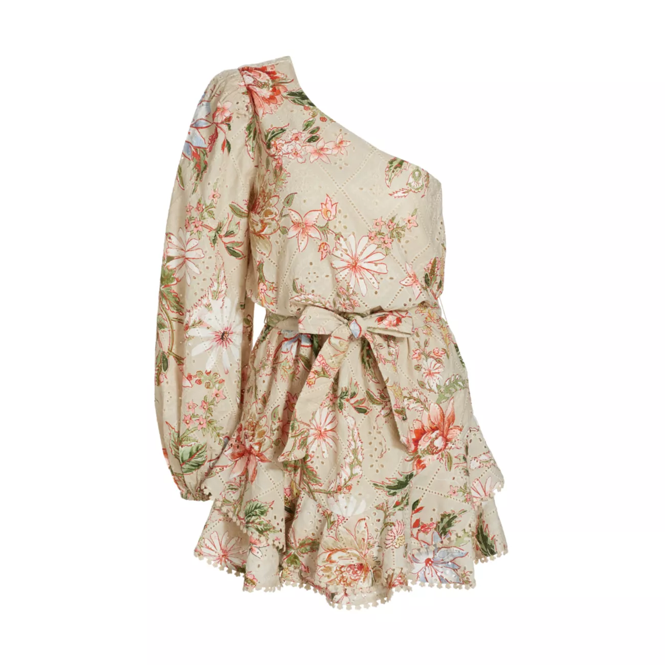 Floral Broderie Anglaise Tie-Waist One-Shoulder Minidress HEMANT & NANDITA