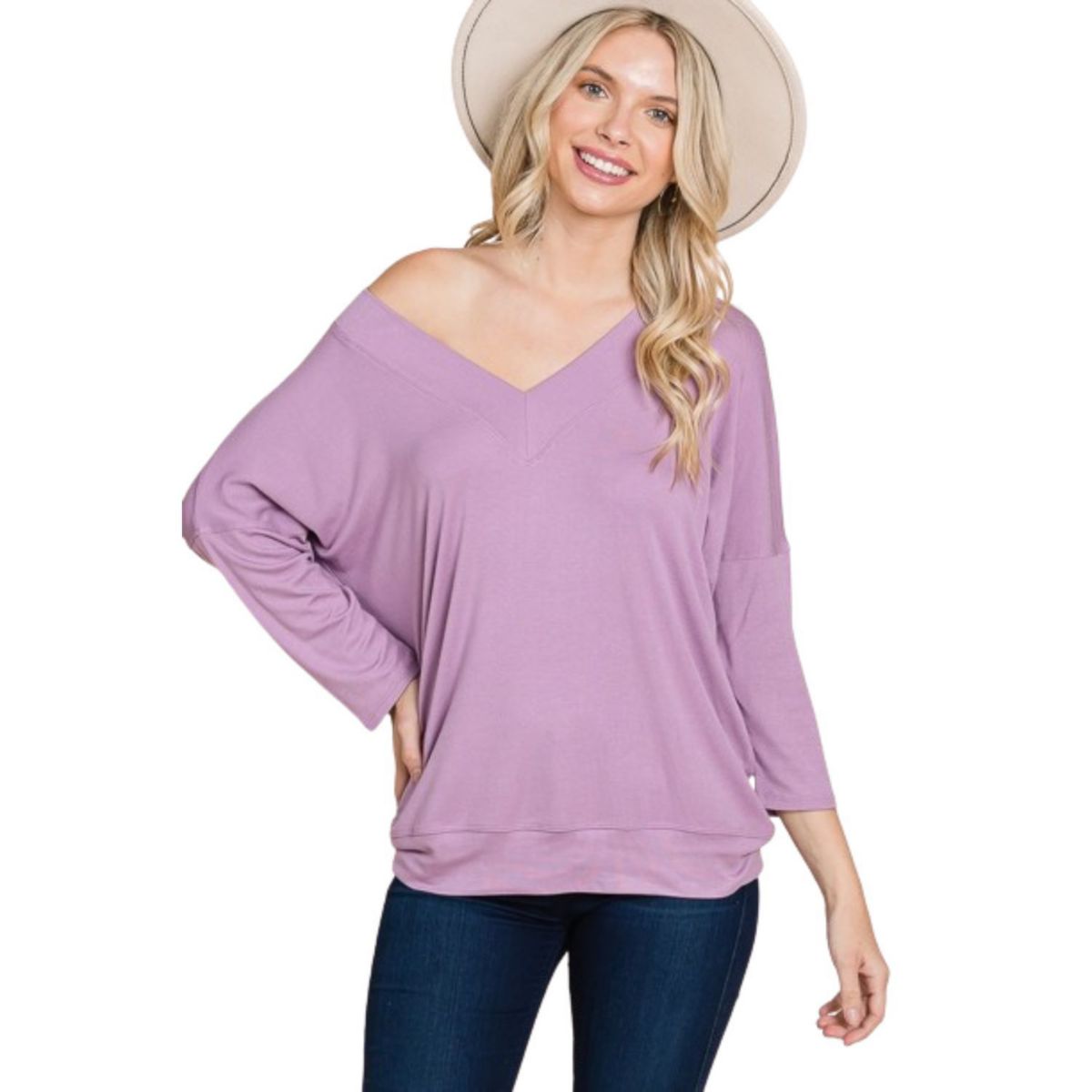 Solid Rib Modal Casual 3/4 Sleeves Dolman Sleeves Top FASHNZFAB