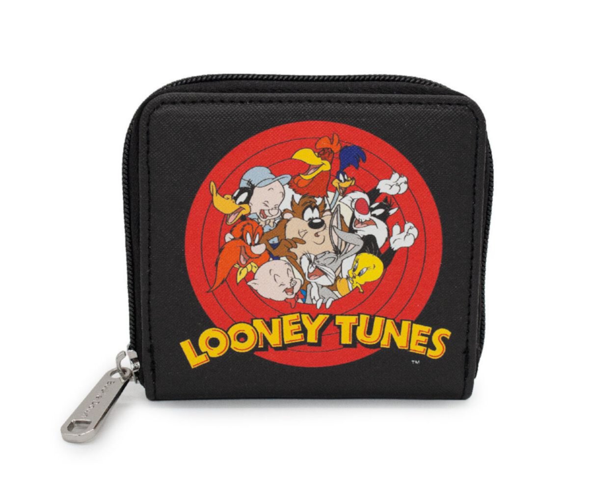 Looney Tunes Wallet, Square Zip Around, 10 Character Bullseye Logo, Black, Vegan Leather Buckle-Down