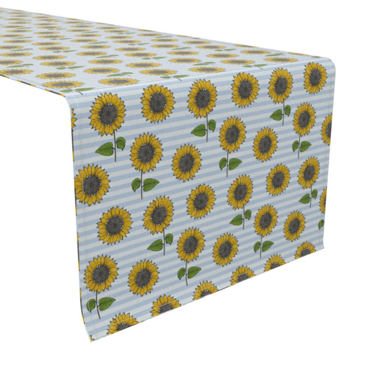 Table Runner, 100% Cotton, 16x90&#34;, Blue Stripes and Sunflowers Fabric Textile Products