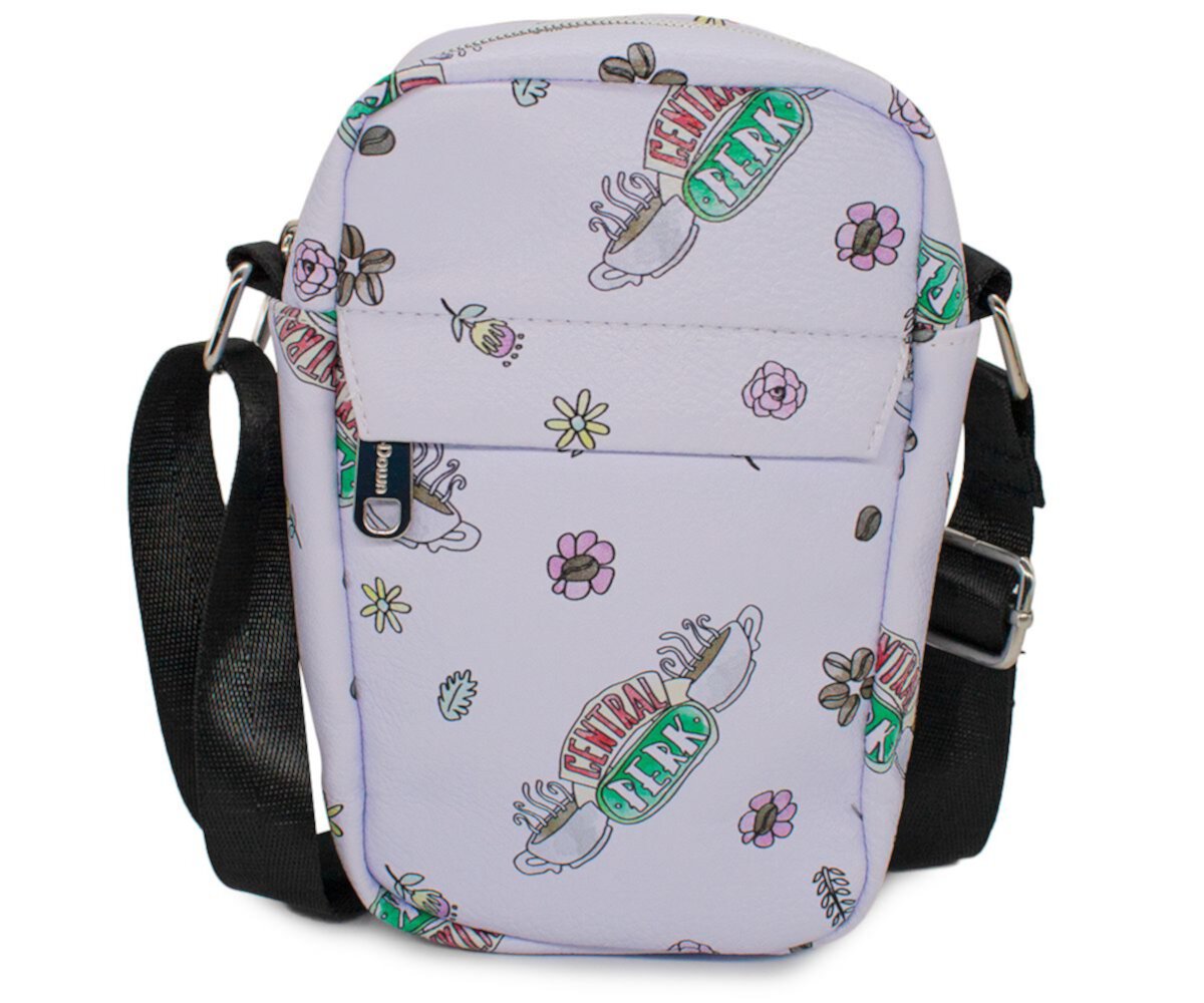 Friends Bag, Cross Body, with Friends Central Perk Logo and Flowers Scattered, White, Vegan Leather Buckle-Down