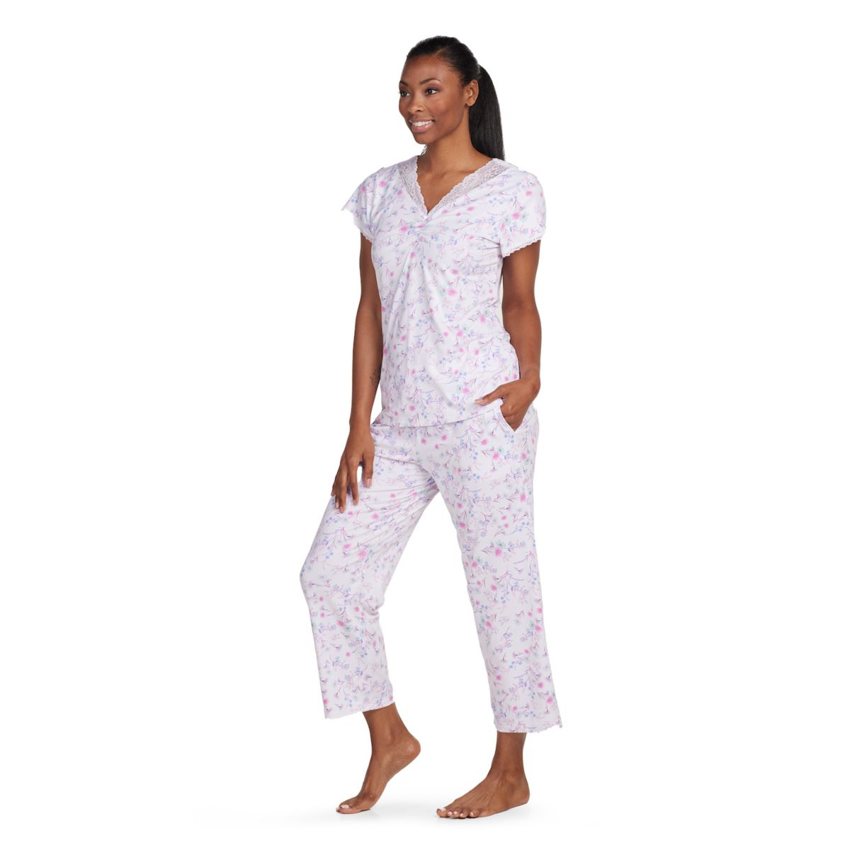 Women's Miss Elaine Essentials Micro Velvet Lace Neck Pajama Shirt & Floral Print Pajama Pants Set Miss Elaine