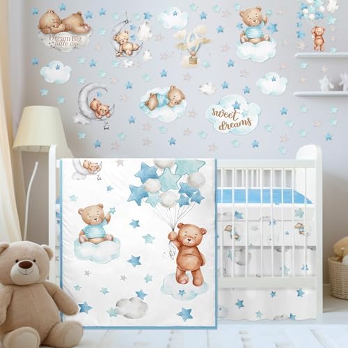 Mixweer 5 Pcs Cloud Balloon Bear Theme Crib Bedding Set and Wall Stickers Mini Comforter Sets Gender Neutral Crib Fitted Sheet, Comforter, Crib Skirt, Changing Table Cover for Boys and Girls (Blue) Mixweer