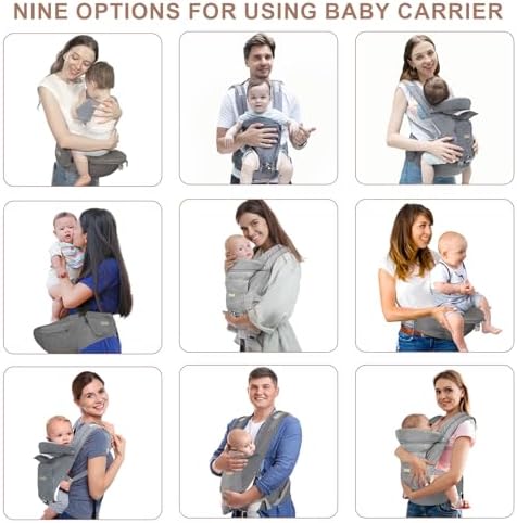 Baby Carrier with Hip Seat, 6-in-1 Baby Carrier Newborn to Toddler, Head Support and Breathable Mesh, Adjustable Removable Soft Ergonomic Baby Sling Carrier (7-41 lbs) for Everyday Family Events, Grey AZQPOD