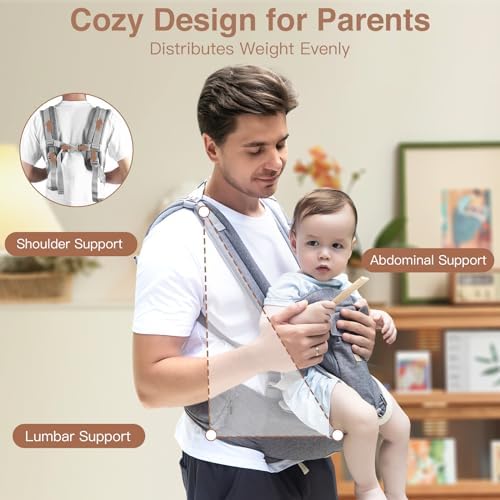 Baby Carrier with Hip Seat, 6-in-1 Baby Carrier Newborn to Toddler, Head Support and Breathable Mesh, Adjustable Removable Soft Ergonomic Baby Sling Carrier (7-41 lbs) for Everyday Family Events, Grey AZQPOD