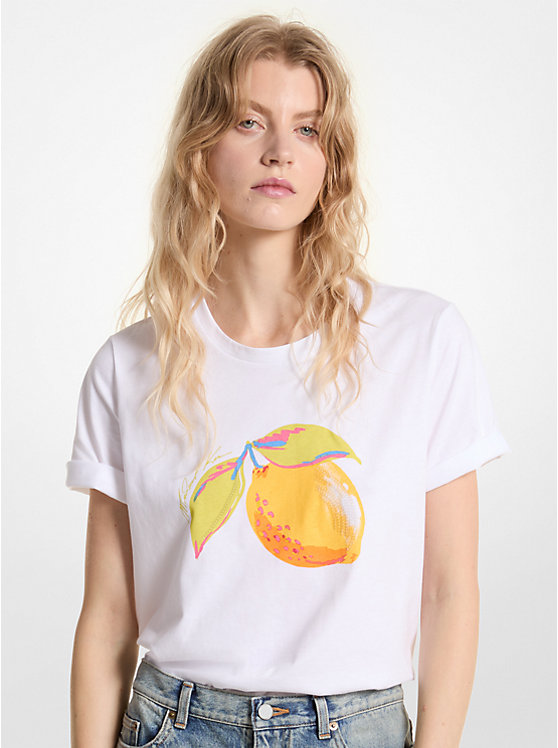 Sequined Lemon Organic Cotton Jersey T-Shirt Michael Kors