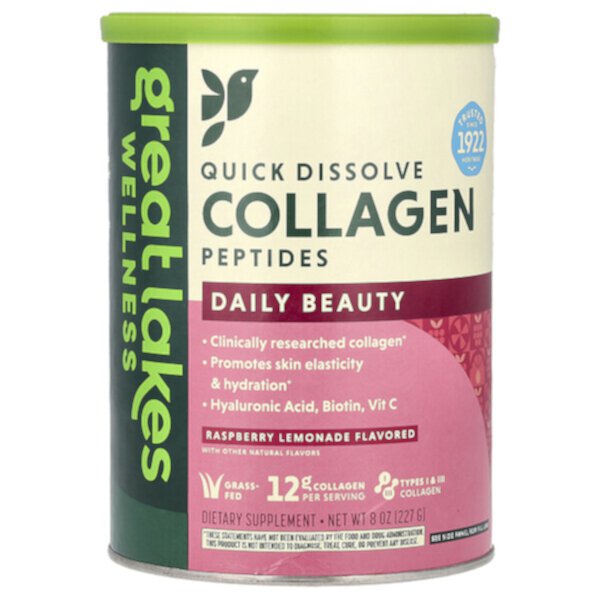 Quick Dissolve Collagen Peptides, Daily Beauty, Raspberry Lemonade, 8 oz (227 g) Great Lakes Wellness
