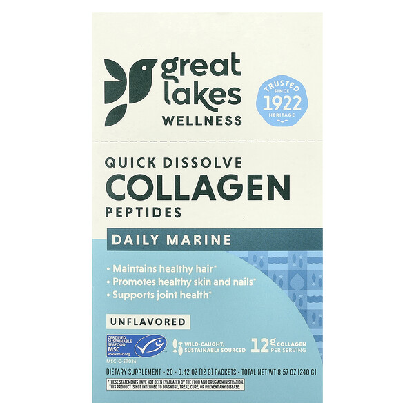 Quick Dissolve Collagen Peptides, Daily Marine, Unflavored, 20 Packets, 0.42 oz (12 g) Each Great Lakes Wellness