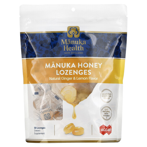 Manuka Honey Lozenges, Natural Ginger & Lemon, MGO 400+, 58 Lozenges Manuka Health
