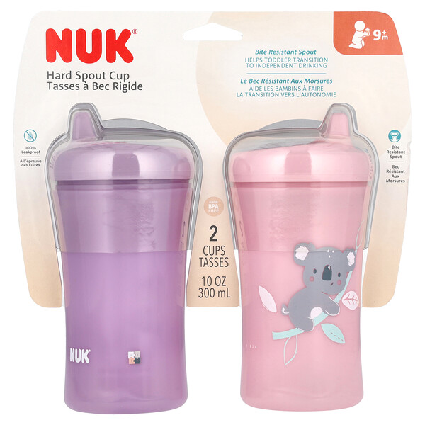 Кружки для детей NUK Hard Spout Cup, 9+ месяцев, розовый и фиолетовый, 2 кружки, 10 унций (300 мл) каждая NUK