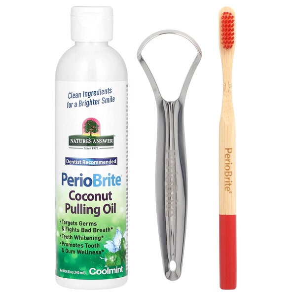 PerioBrite Coconut Pulling Oil with Toothbrush & Tongue Scraper, Coolmint, 8 fl oz (240 ml) Nature's Answer