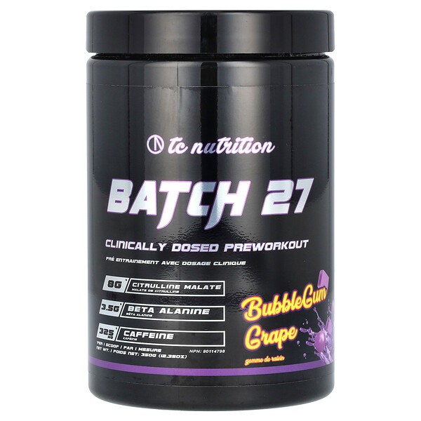 Batch 27, Clinically Dosed Preworkout, Bubblegum Grape, 12.35 oz (350 g) TC Nutrition