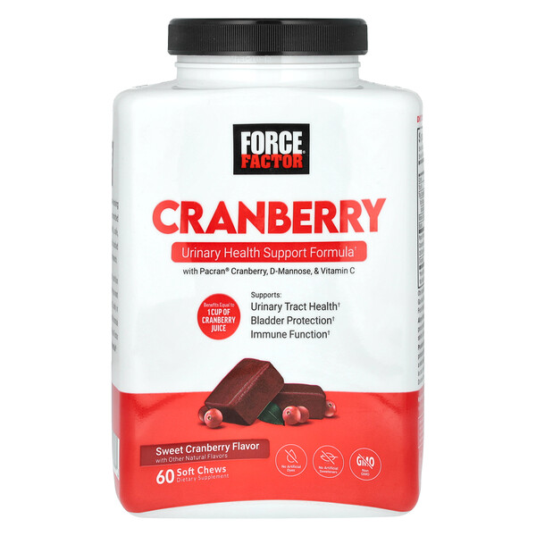 Cranberry with D-Mannose, & Vitamin C, Sweet Cranberry, 60 Soft Chews Force Factor